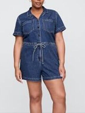 Plus Size GAP Dark Blue Denim Short-Sleeve Drawstring-Waist Romper